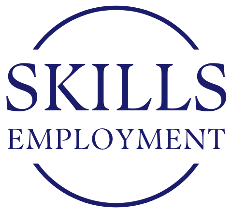 Skills Employment blue logo with a semi circle on the top and bottom in the center